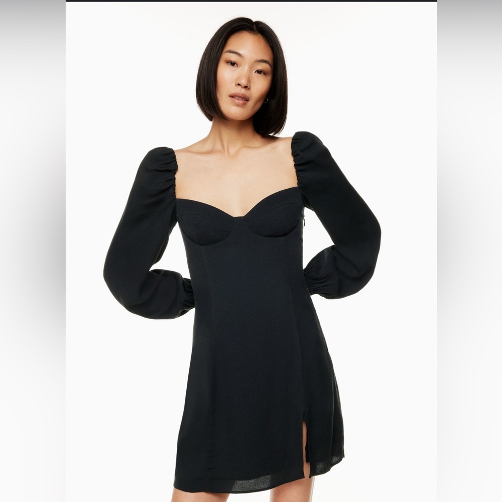 Wilfred Black Sheath Dress with Puff Sleeves and Sweetheart Neckline